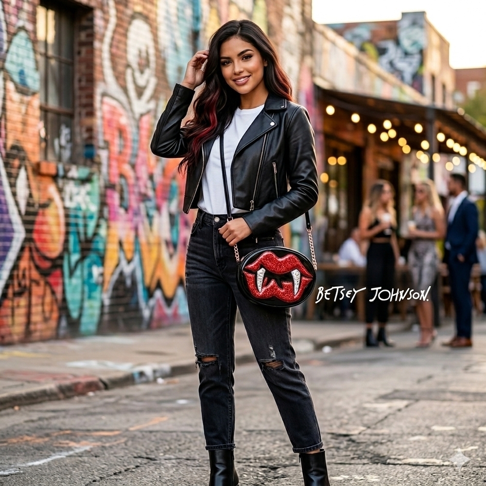 Betsey Johnson Black and Red Lips Crossbody Bag
